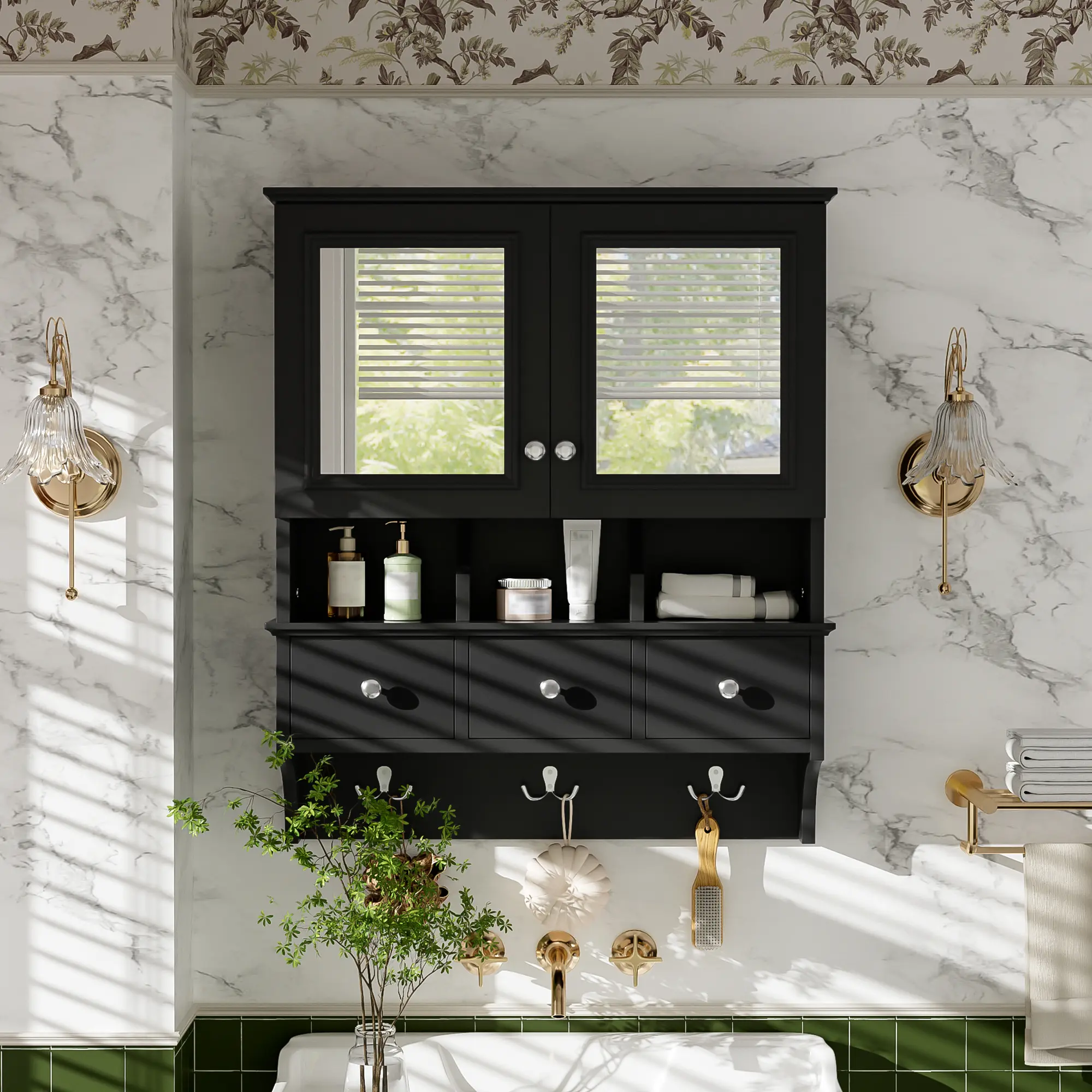 24-Inch Wall Mounted Bathroom Mirror Cabinet with Drawers and Organizer Hooks, High-Definition Mirrored Medicine Cabinet with Storage, 4-in-1 Vanity Cabinet for Bathroom Organization, White Finish, Bathroom Furniture for Vanity Area, Storage