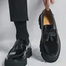 【Black Friday】Men's Tassel Detail PU Leather Loafers, British Style Round Toe Thick Sole Shoes for All Seasons, Medium Width Footwear