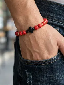 Cross Pendant Natural Stone Beaded Bracelet, Vintage Boho Style, Elastic Fit Energy Healing, Perfect Gift for Birthdays or Anniversaries, Religious Jewelry Gift