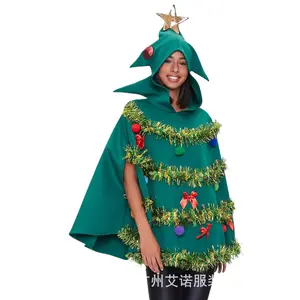 Women's Christmas Tree Dress Hooded Cape 3D Show Stage Costume Party Carnival Dress Up Props
