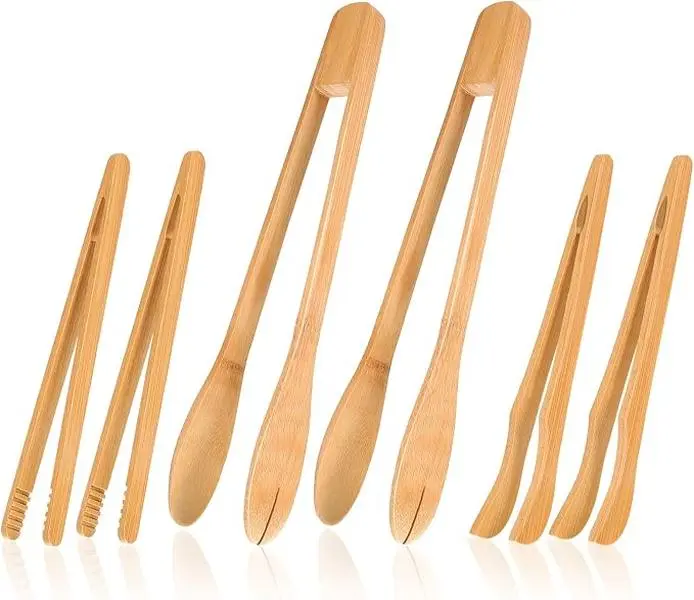 6-Pack Bamboo Kitchen Utensil Set – Long Wooden Toaster Tongs & Salad Tongs for Picking Up Cheese, Bacon, Toast, Cake, Fruit, Bread & Spaghetti – Non-Scratch Heat-Resistant Cooking Tools
