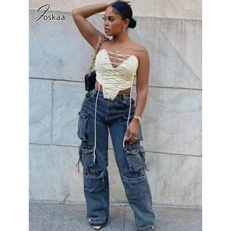 Joskaa Fashion Y2K Pockets Cargo Jeans Women Hipster High Waisted Straight Pants Fall 2023 Casual Denim Trousers Streetwear joskaa