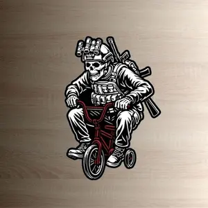 Tactical Skeleton on Tricycle Sticker, Funny Soldier Vinyl Decal, Humorous Military Skeleton Sticker, Waterproof Sticker for Laptop, Car, Bottle, Helmet, Tactical Humor Gift