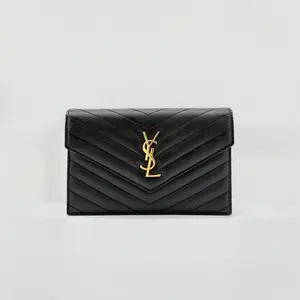 Pre-owned Yves Saint Laurent Leather Shoulder Bags YSL Grain De Poudre Matelasse Chevron Monogram Envelope Chain Wallet Black