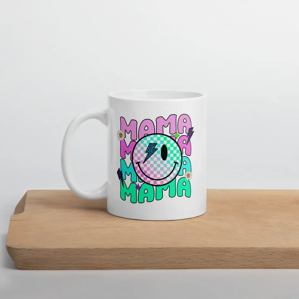 MAMA retro lightning smiley large white glossy mug