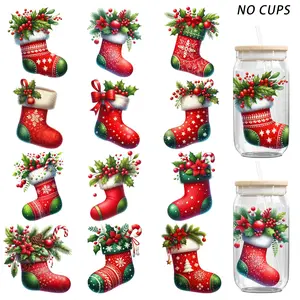 12Pcs Christmas Stocking UV DTF Transfer Stickers, Waterproof High Viscosity Decals for 16oz Cups, Jars, Mugs, Bottles, Frames & DIY Decor