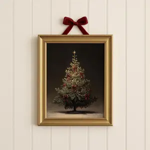 Moody Vintage Style Art, Red Bow Christmas Tree Print,  Rustic Fir Tree, Dark Festive Holiday Decor