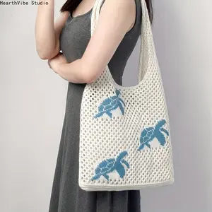 A Refreshing Summer Women'S Lightweight Tote Bag, Hollow Woven Crochet Beach Shopping Bag with Turtle And Watermelon Patterns, Suitable for College Students to Study And Travel, Fabric with No Zipper Fixed Shoulder Straps - 1pc