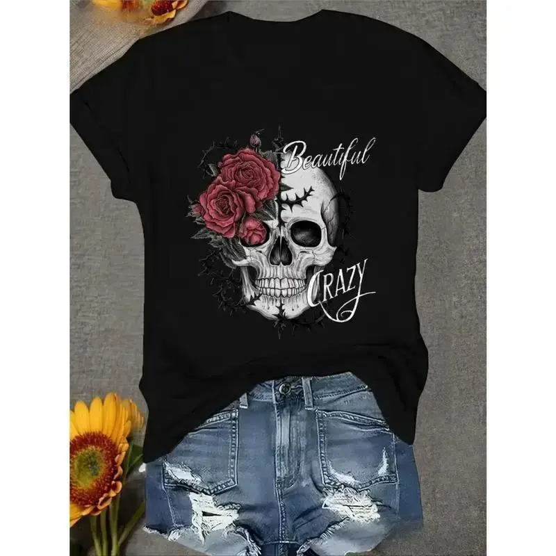 Unisex Graphic Tee Skull Red Roses Gothic Print Beautiful Crazy Design Oversized T Shirt Streetwear Style Crewneck Short Sleeve Soft Cotton Breathable Loose Fit Daily Wear Biker Summer Outfit Trendy Aesthetic Gift Top zjy08