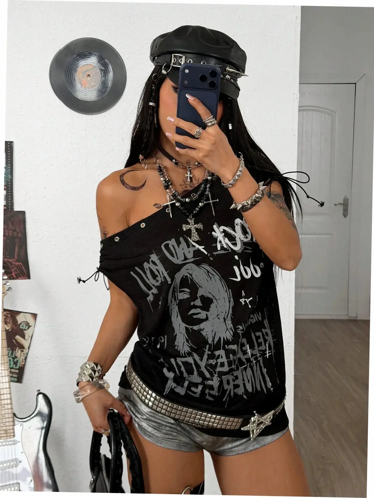 Off Shoulder Tee Grunge Graphics Grommet Eyelet Y2K Streetwear Music Festival