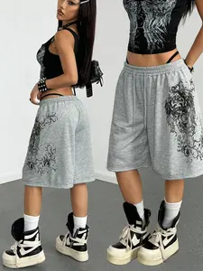 1 Pack Women's Gothic Skull Print Drawstring Sweat Shorts, Y2K Street Style Loose Casual Shorts for Daily Wear and Street Outings