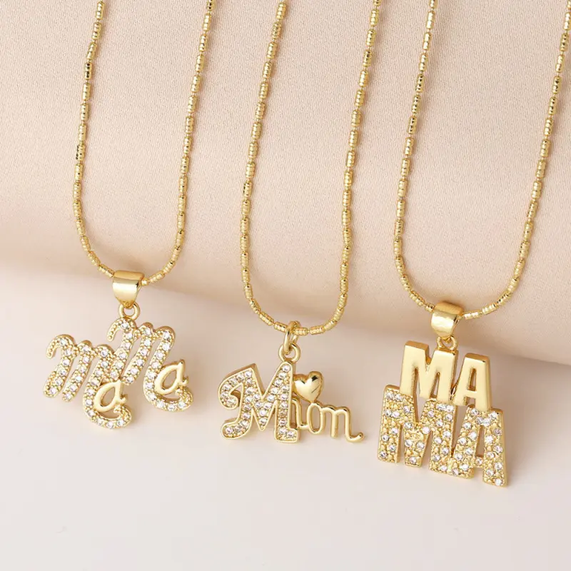 [FLAME] Trendy 18K Gold Plated Iced Out Block MAMA Pendant Necklace, Chunky Box Chain, Mother's Day Gift for Mom, Viral TikTok Aesthetic Jewelry