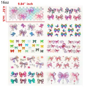 (J91) Holographic 10pcs bow UV DTF Cup Wraps for 16OZ tumblers Waterproof Acrylic Wraps for Cups Glasses &Smooth Objects Vivid Colors Strong Adhesion CustomizableStickers Decal Sticker Art Crafts Kit