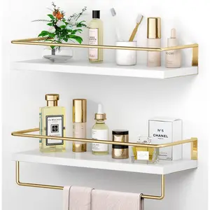 White Floating Shelves with Golden Towel Rack - Set of 2 Wall Mounted Hanging Bathroom Shelves, Decorative Shelves for Stylish Storage in Bathroom, Kitchen, Living Room & Bedroom