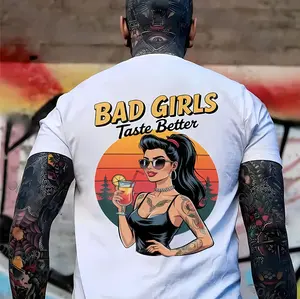 BAD GIRLS TASTE BETTER Vacation Tattooed Lady Print Men's T-Shirt, Top Menswear, Cotton Tee Shirt Casual Streetwear