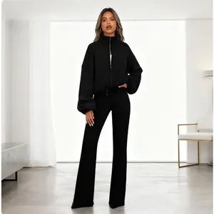 Women's Oversized Cropped Jacket - Zip Up Long Sleeve Fall Winter Fashion Coat