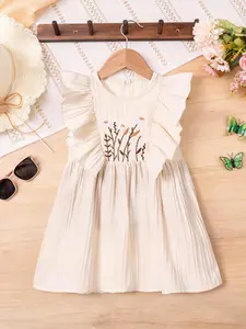 Girls' Summer Sleeveless Dress, Round Neck Design with Ruffled Sleeves, Embroidered Floral Chest, Casual Style, Suitable for Ages 3-6