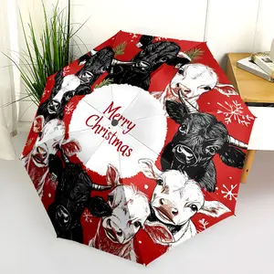 1 PC Automatic Folding Umbrella - Christmas Wreath with Cows Pattern, Portable & Foldable Design with 8 Ribs, Merry Christmas Pattern,Casual Outdoor Accessory Halloween and Christmas Birthday Gifts. F0074