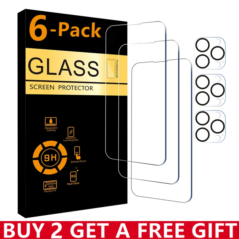 3Pcs Tempered Glass Screen Protector+3Pcs Camera Lens Protectors for iPhone 18 Pro Max 18 Pro 17 16 15 14 13 12 11, 9H HD Tempered Glass Film, Anti-Scratch