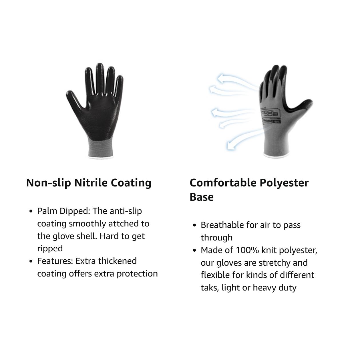 COOLJOB 10/20/60 Pairs Nitrile Dipped Safety Work Gloves with Grip, Non-slip Rubber Coated Bulk Garden Gloves（Grey）