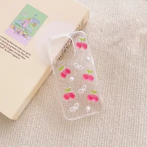 Cherry Pearl Transparent Glitter Phone Case, Large Hole 3D Touch Sensory Protective Cover, Fits iPhone 11/12/13/14/15/16/17 Pro/plus/pro Max, Accessories