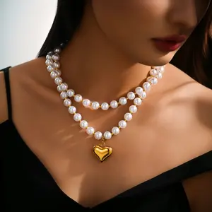 Stacked Necklace, 2-piece Elegant Layered Imitation Pearl Heart-shaped Pendant Necklace for Weddings, Banquets, Valentine's Day, Mother's Day, Giving To Loved Ones, Perfect Holiday Gift Accessories