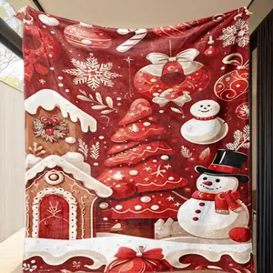 Plush Flannel Blanket, Christmas Theme Snowman Gingerbread House Print, Soft Warm Skin-Friendly Throw for Home Decor Gift Relaxing Use