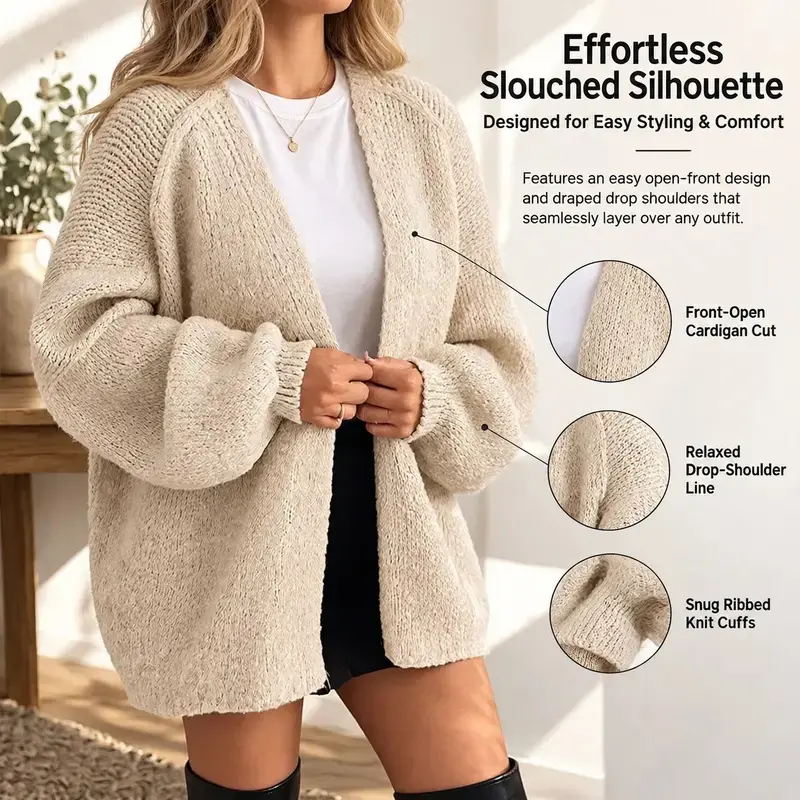 Solid Oversized Bubble Puff Sleeve Knit Cardigan for Women, Soft Loose Open Front Chunky Knit Sweater Coat, Daily Fall Casual Long Sleeve Outerwear