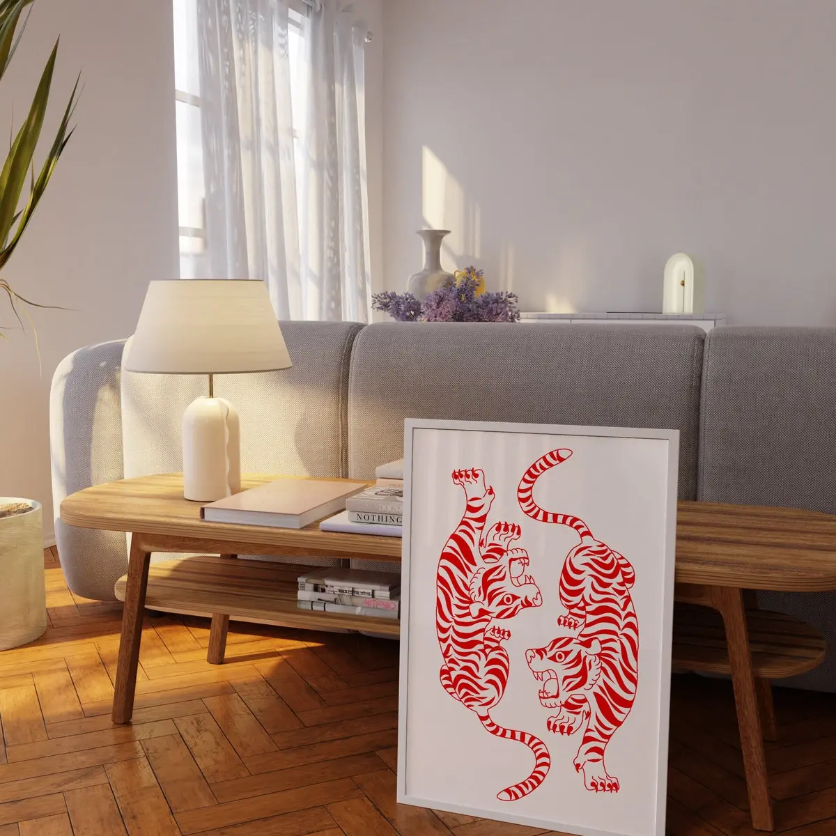 Two Tigers Wall Art - Red & White Eclectic Print, Maximalist Decor Poster Unframed 5 Size, 8x12 to 27x40 inch