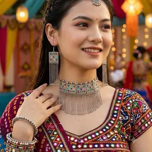 Afghan Ethnic Boho Choker Necklace Earrings Set, Multicolored Enamel Tassels  Oxidized Silver 2-Piece Jewelry Set, Necklace and Earrings for Daily Wear
