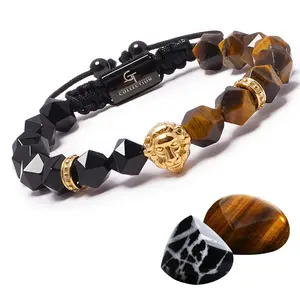 GT Collection Men's TIGER EYE & ONYX Bracelet with Golden LION Head Adjustable Cord for Power & Strength