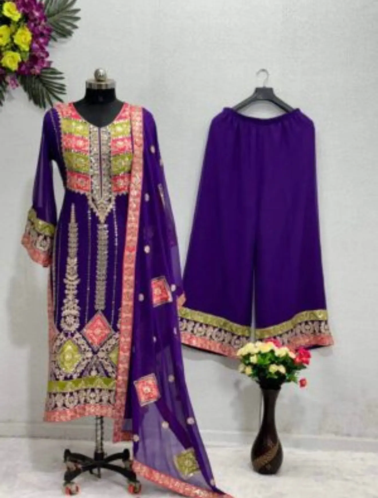 DESIGNER GEORGETTE CHINE SEQUENCE WORK TOP PALAZZO WITH DUPATTA VIOLET IN SIZE M-38
