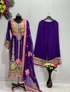 DESIGNER GEORGETTE CHINE SEQUENCE WORK TOP PALAZZO WITH DUPATTA VIOLET IN SIZE M-38