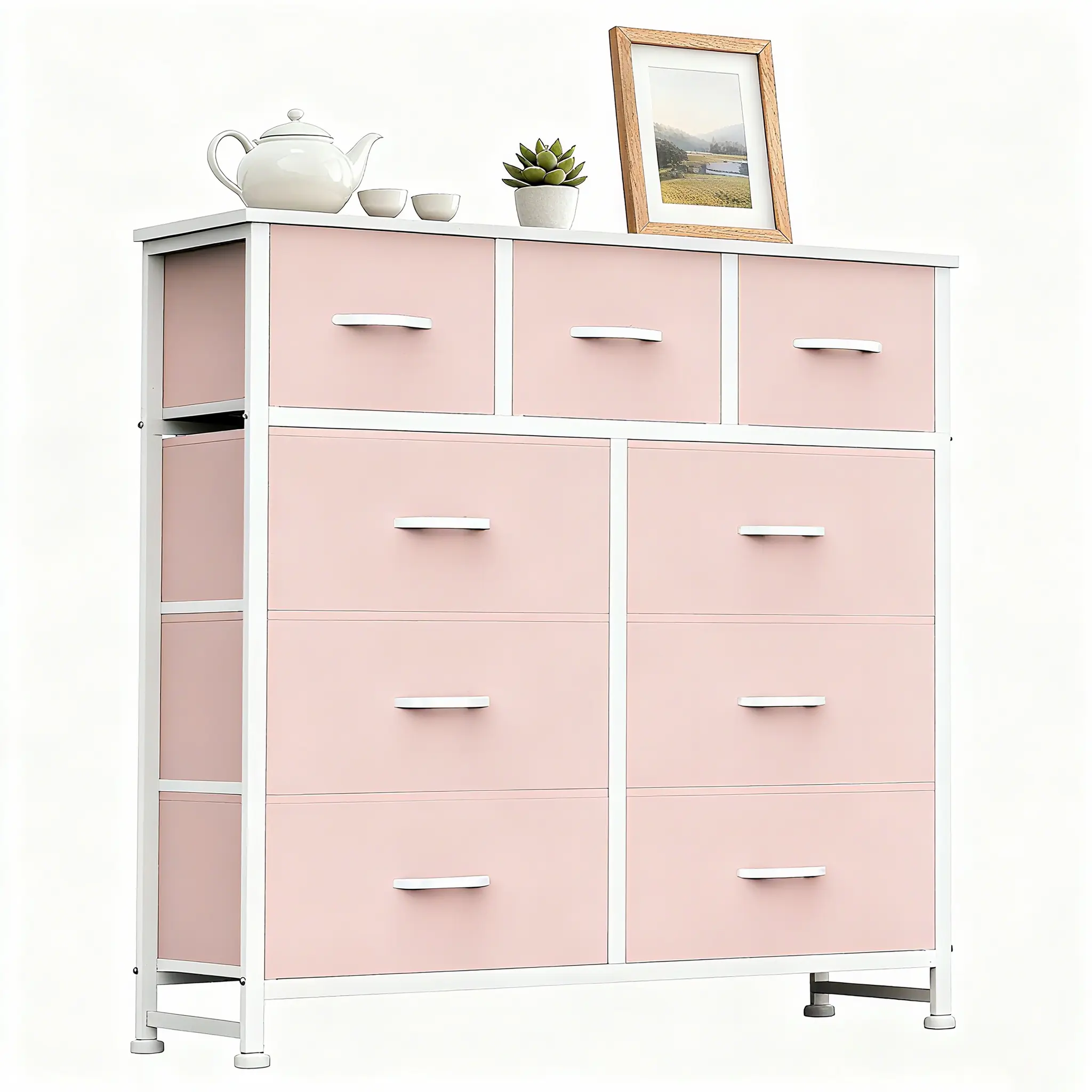 9-Drawer Fabric Dresser with Wooden Top & Metal Frame, Bedroom Dresser Storage Tower, Drawer Organization Unit for Bedroom & Entryway