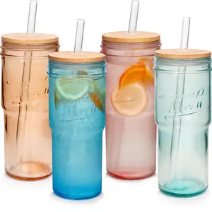 Mason Jar Inspired Glass Cups with Lids and Straws | Set of 4 for Cups | Christmas Gifts for Women |Travel Coffee Mugs | Ideal for Iced Coffee/Smoothies/Beverages| Innovan Life 24oz Coltive Twist on Classic Mason Jars,for Christmas Deals