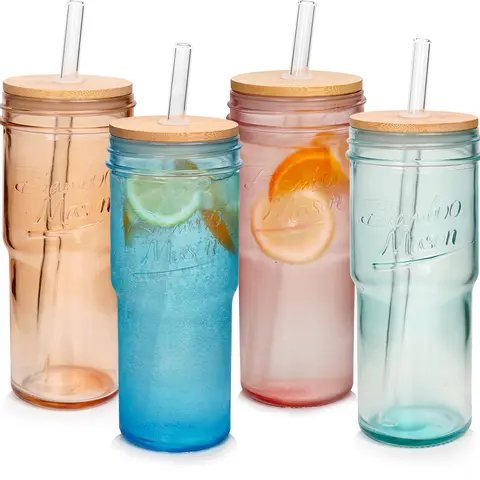 Innovian Life 24oz Mason Jar-Inspired Reusable Glass Tumbler Drink Bottle Cup Mug, 4-Piece Set with Lids and Straws, Portable Washable Coltive Twist Design, Ideal for Iced Coffee, Christmas Gifts for Women