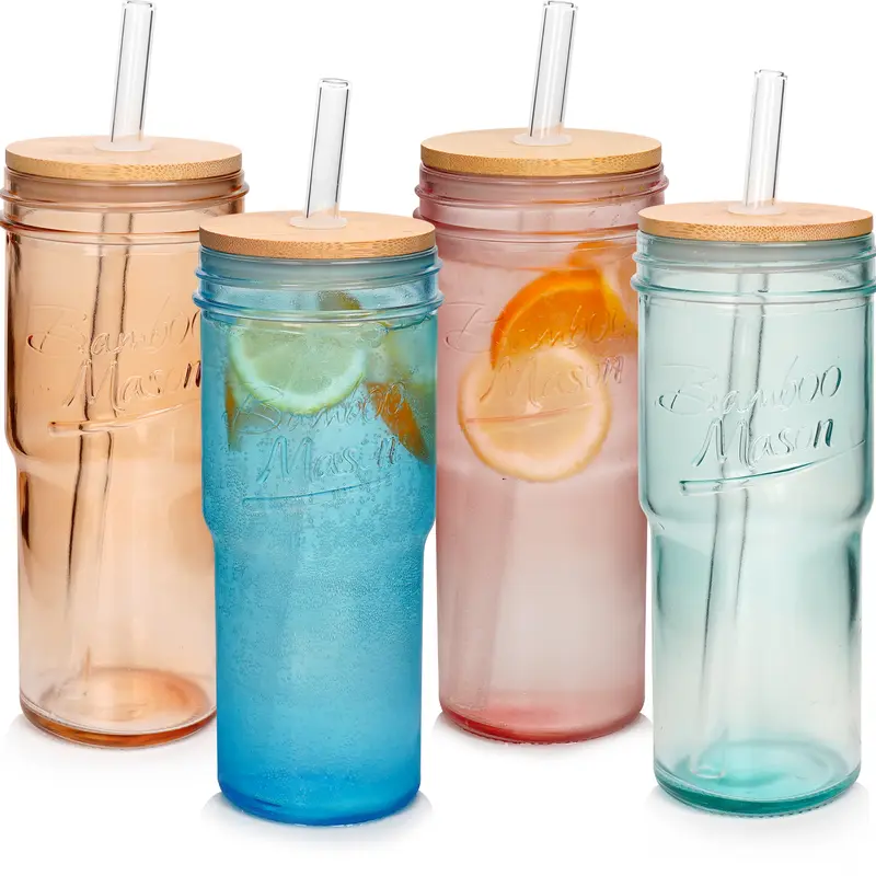 Innovian Life 24oz Mason Jar-Inspired Reusable Glass Tumbler Drink Bottle Cup Mug, 4-Piece Set with Lids and Straws, Portable Washable Coltive Twist Design, Ideal for Iced Coffee, Christmas Gifts for Women