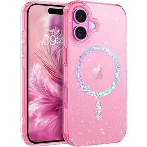 Magnetic for iPhone 16 Plus Case, Clear Crystal Glitter 16Plus Phone Case Compatible with MagSafe, Shockproof Sparkly Cute Women Girl Cover for iPhone 16Plus 6.7 inch, Hot Pink Glitter