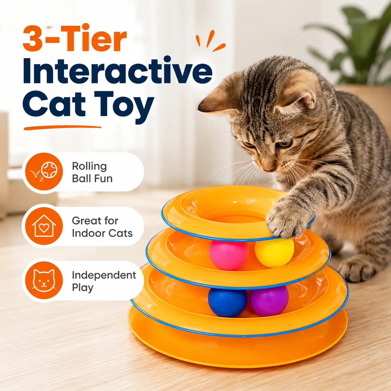 Interactive Cat Toy for Indoor Cats, 3-Tier Rolling Ball Track Toy, Cat Enrichment Toys for Bored Indoor Cats, Kitten Chase & Independent Play Toy sohochic cat accessories