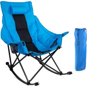 Outdoor Folding Rocking Camping Chair for Adults,Portable Oversized Heavy Duty Camping Rocker, Folding Lawn Chair for Outside Use with Cup Holder,Cooler Bag and Side Pocket