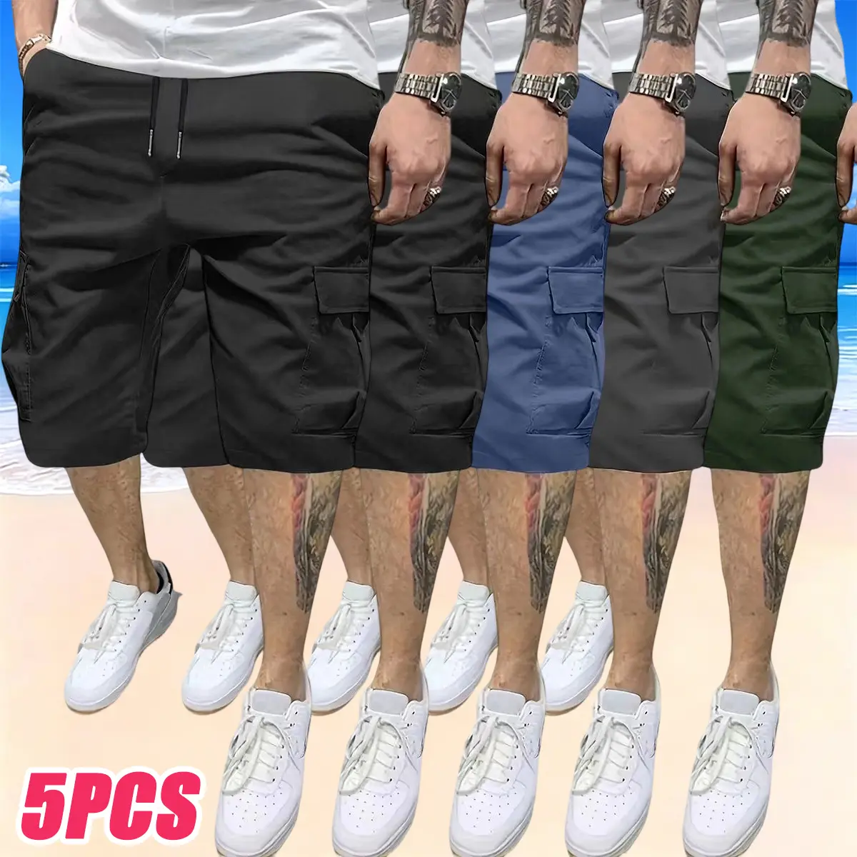 Men's 5-Piece Retro High-Stretch Athletic Shorts Set - Menswear Sportswear Activewear, Vintage Elastic-Waist Casual Multiple-Pocket Breathable Lightweight Summer Bottoms (Available in Black, Black, Blue, Gray, Army Green)