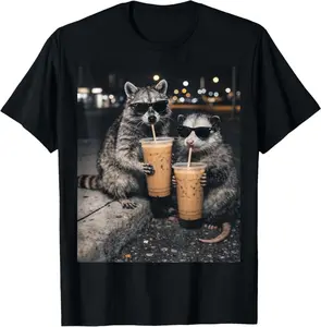 100% Premium Cotton T-Shirt Funny Raccoon and Opossum Drinking Iced Coffee. Cute Animal T-Shirt