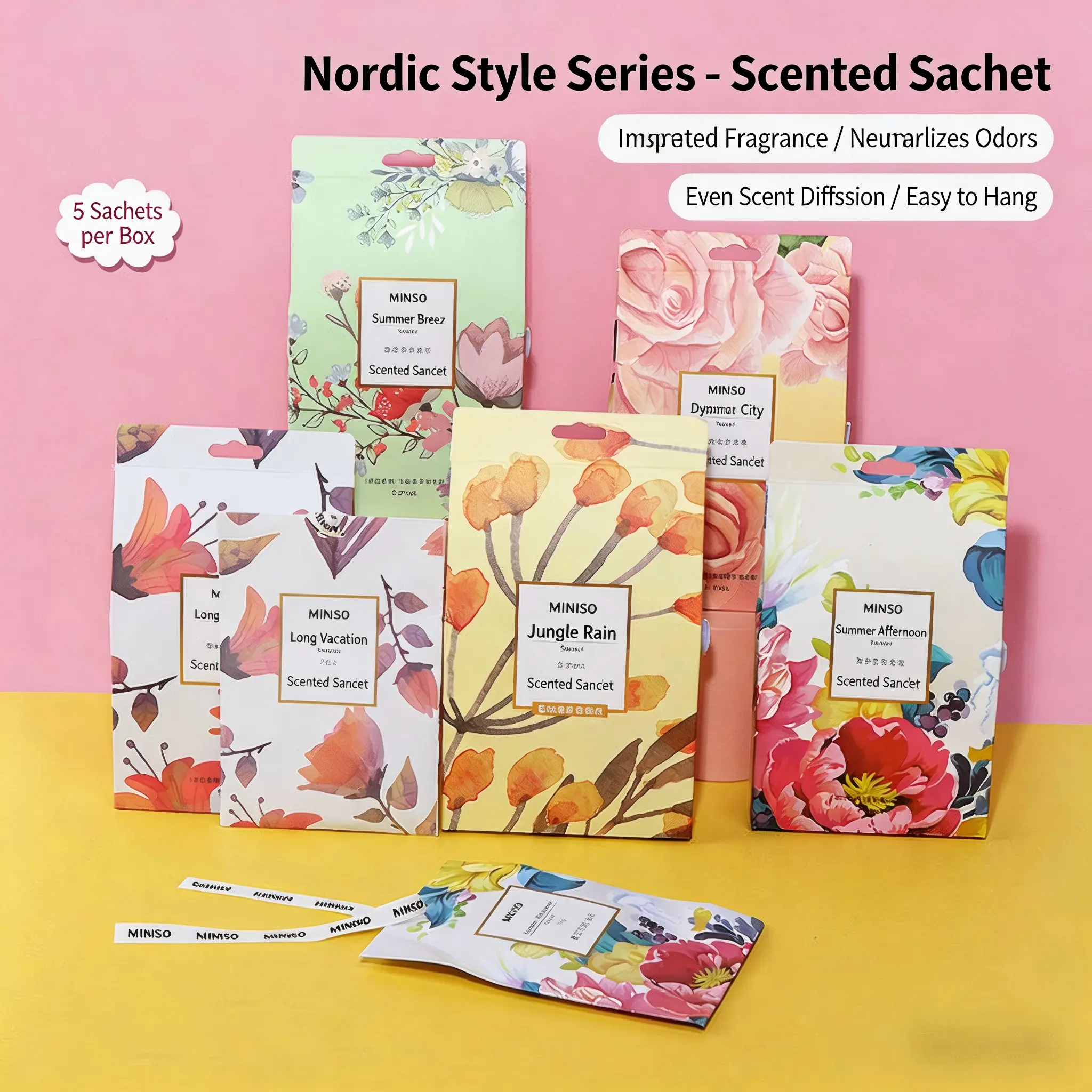 MINISO Nordic Style Scented Aroma Bags - 5 Sachets/Box, Corn Cob Base Long-Lasting Air Freshener, Portable Hanging Car & Home Accessory for Women (Wardrobe, Bedroom Use)
