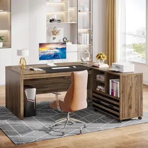 LITTLE TREE 62.2" Executive Desk with Mobile File Cabinet, L-Shaped Office Desk with Storage Shelves, Large Computer Desk Business Workstation Set for Home Office