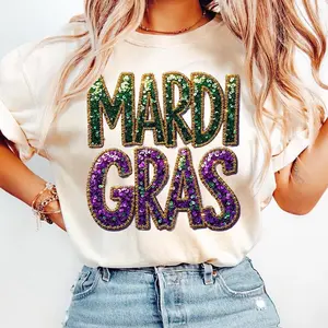 Mardi Gras Sequin Lettering Shirt, Green Purple Gold Graphic Tee, Festive Carnival Style Top, Bold Mardi Gras Celebration Shirt