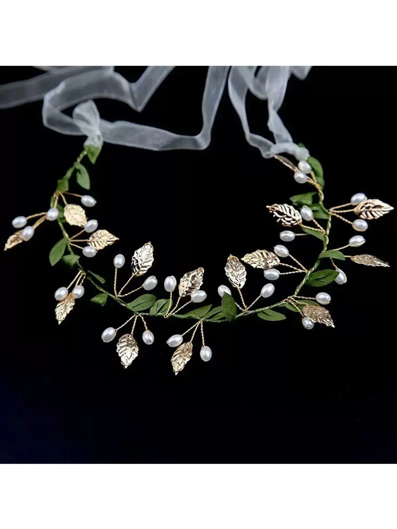Luxe Petite Pearl Leaf Headband with Ribbon, Handmade Bridal Hair Vine, Elegant Wedding Hair Accessory for Bridesmaids & Flower Girls