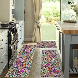 Set of 3 Round Colorful Persian Pattern Kitchen Rugs, Non-Slip Comfortable Mats for Kitchen Sink Laundry Room, Farmhouse Chef Carpets, Home Decorative Rugs, Kitchen Rugs Sets