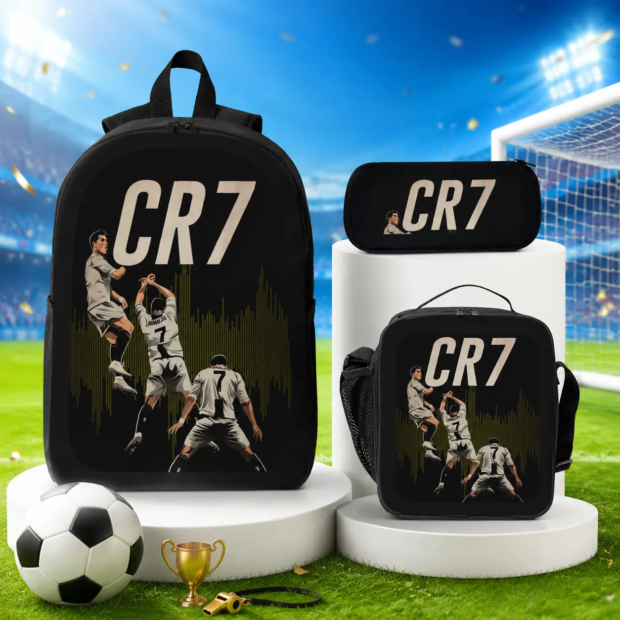 CR7 Football Printed 3PCS Backpack Set 17 Inch Soccer School Backpack Lunch Bag Pencil Case Sports Bookbag Backpacks for School Women Men Student Travel Casual Backpack Set Gift Idea