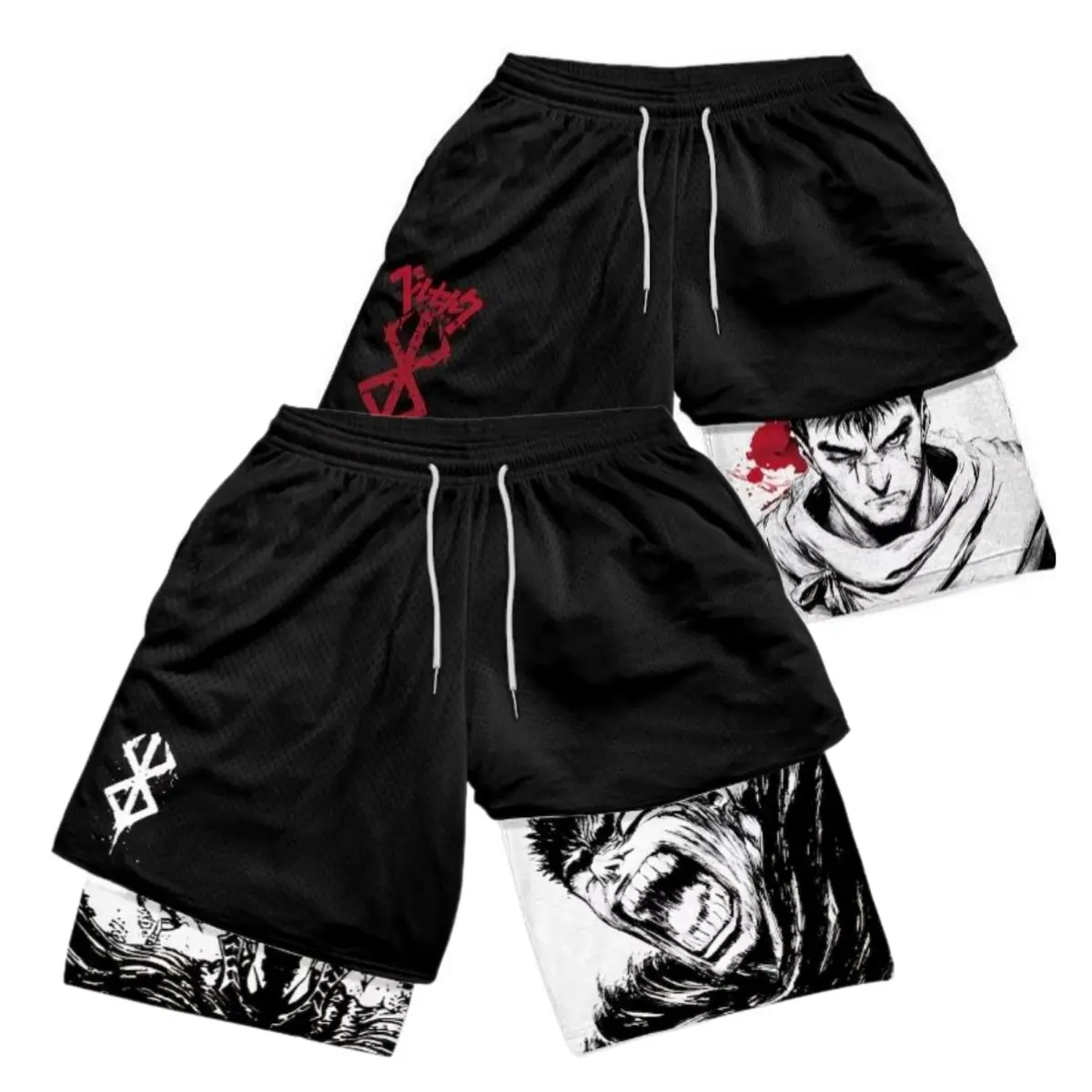 2 PCS Anime Short Performance Mains Print Performance Shorts Summer Double Layer Beach Pants Fitness Training Pant Sports Men's 2in 1 Compression And Active Drawstring Shorts for Outdoor
