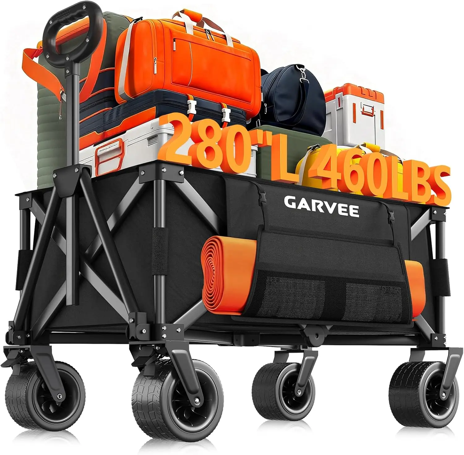 Carts Foldable, 460LBS Weight Capacity 280L Collapsible Wagon with All-Terrain Wheels, Drink Holders, Storage Cover&Elastic Rope, Utility Carts for Groceries, Shopping, Camping, Sports